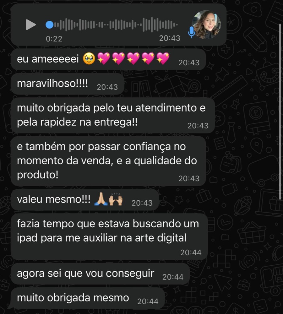 Print de conversa no WhatsApp: cliente agradece o atendimento e a rapidez na entrega